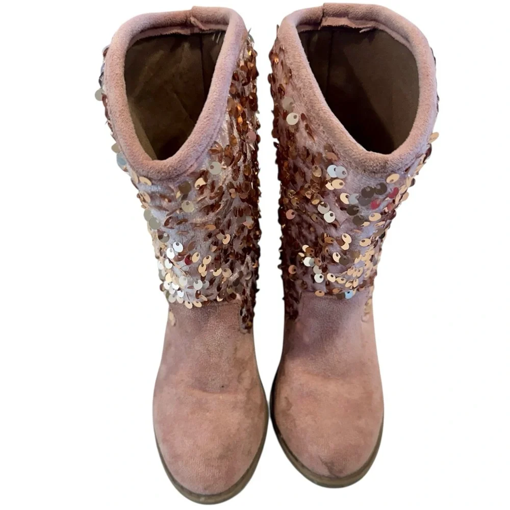Girls Cowgirl Sequin Embellished Pink Ankle Boots
